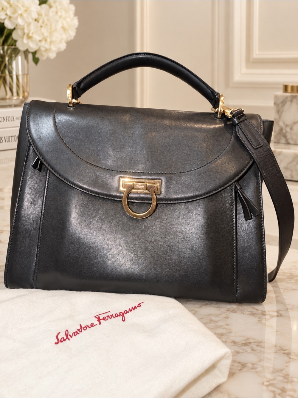 Salvatore Ferragamo Sofia Rainbow Black Leather Gancini Satchel Crossbody | COA